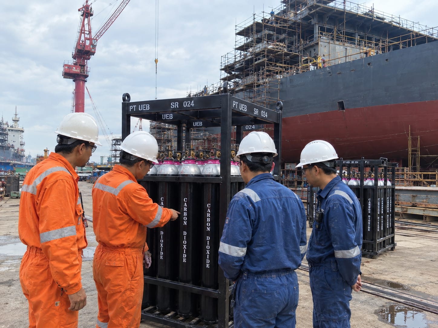Site team reviewing a safety checklist beside gas cylinders
