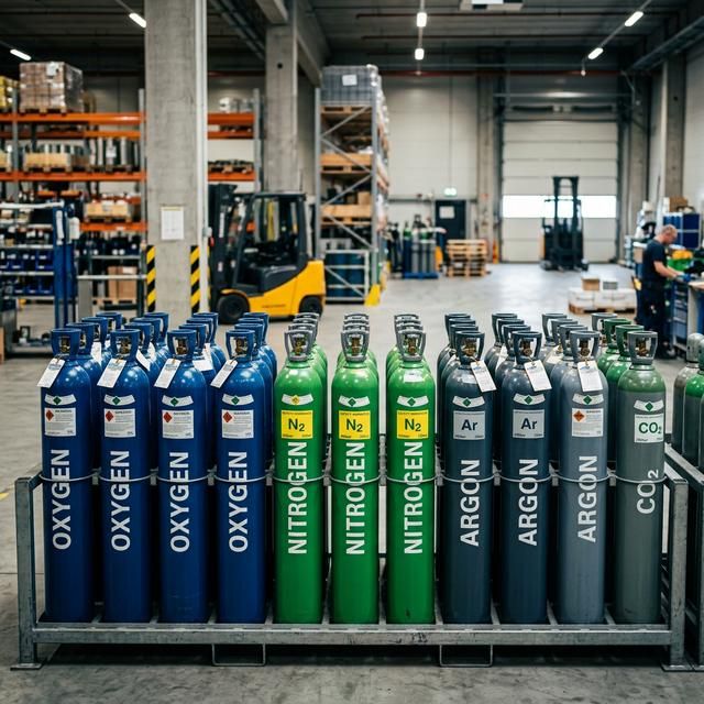 Labeled gas cylinders ready for delivery
